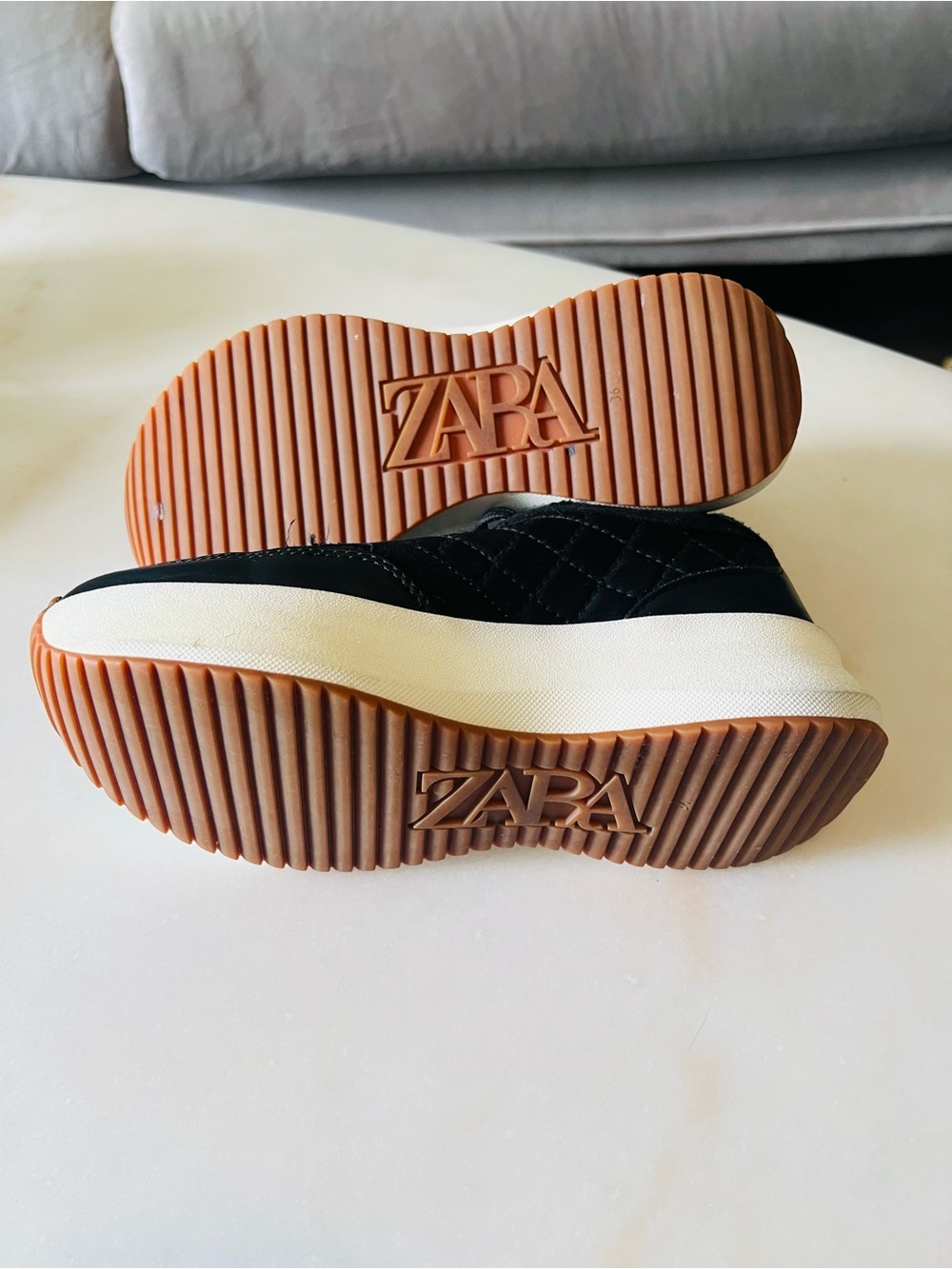 Zara Black Quilted Sneakers with White Soles and Brown Toe Accents - Picture 3 of 12